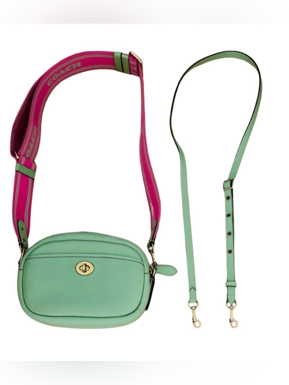 COACH Mint Green Pebbled Leather Crossbody Camera Style Bag Pink & Green Strap